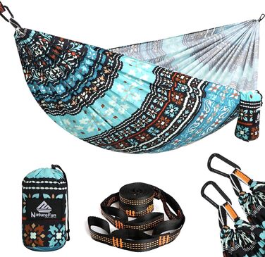 Гамак для кемпінгу NATUREFUN | Легкий, 300 кг, дихаючий, швидковисихаючий, нейлон, 2 карабіни, 2 петлі, армійний зелений (275 x 140 см, Богема)