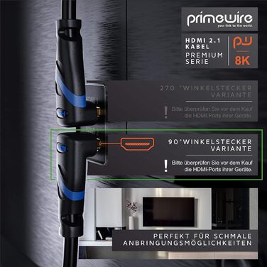 HDMI кабель 8K 2.1 з кутовим конектором 90° - 3 метри. Підтримка 8K@60Hz, DSC, UHD II, Dynamic HDR, eARC, VRR, Dolby Vision