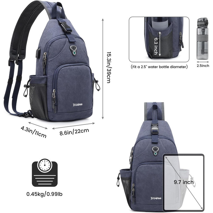 Сумка на плечі G4Free з канвасу - чоловіча/жіноча, для подорожей, хайкінгу, бігу, альпінізму (Navy Blue)