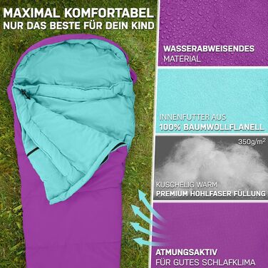 Дитячий спальний мішок для хлопчиків та дівчаток до 145 см | 100% бавовна | Мумійний спальник для кемпінгу | Легкий та теплий [1200г] | Кольори: фіолетовий/бірюзовий