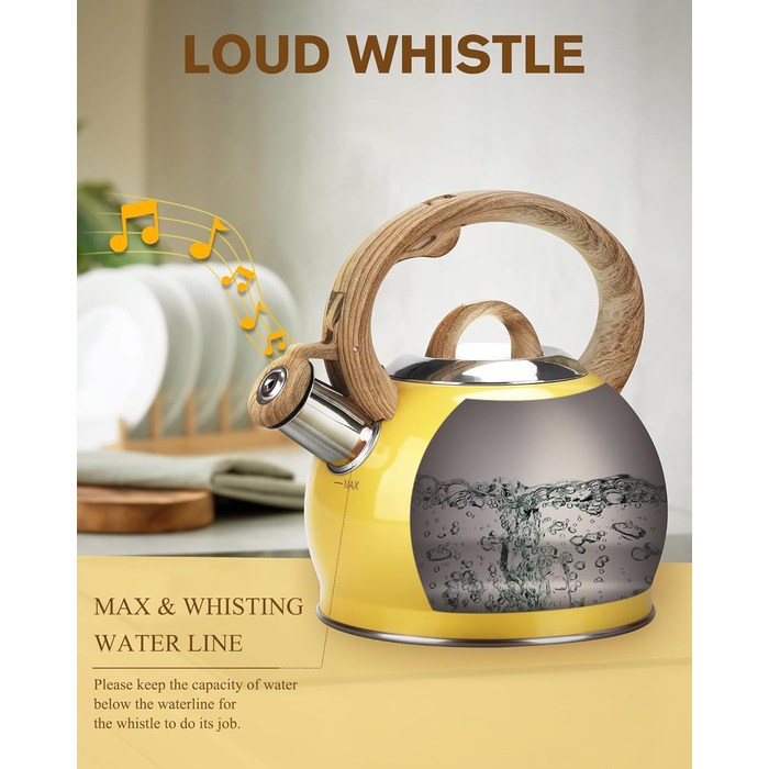 Чайник Teekessel 2.1 л з плитою, чайник з нержавіючої сталі з дерев'ястим малюнком, складаний ручка, підходить для всіх типів плит (Слонова кістка) (Жовтий)