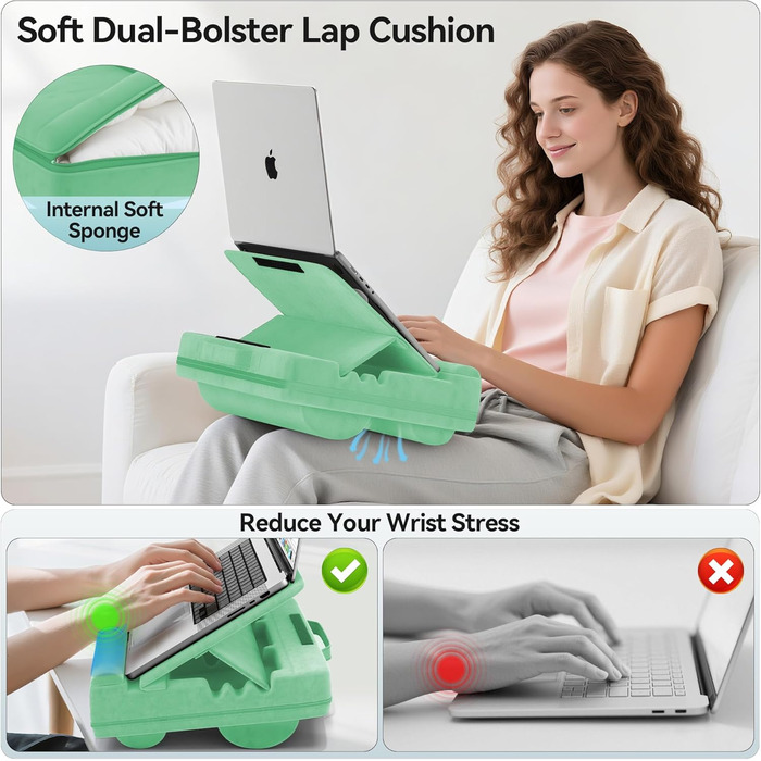 Підставка для ноутбука з регулюванням кута нахилу, подушка для роботи з ноутбука на дивані, підставка для ноутбука до 16 дюймів (зелена)