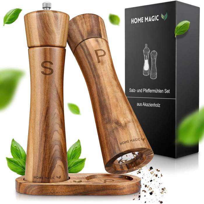 Набір з 2 мельниць для солі та перцю Pfeffermühle Holz з акації з підставкою | Преміум якість, керамічний механізм