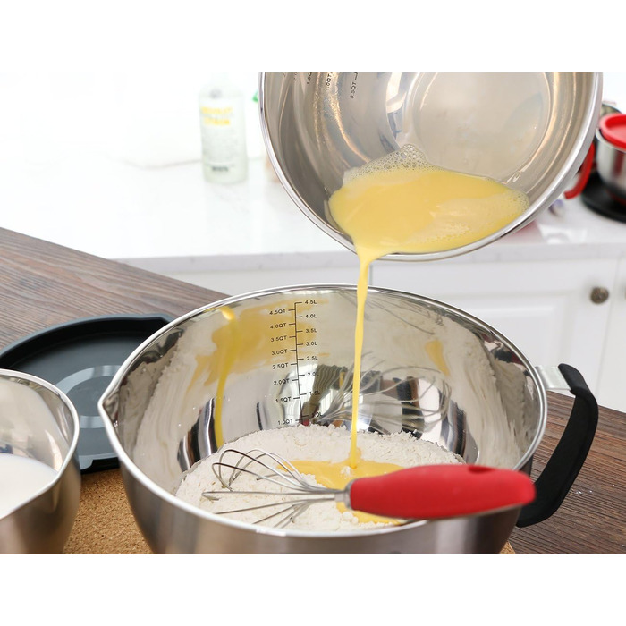 Rorence Stainless Steel Mixing Bowls with Pour Spout, Handle, and Lid, Set of 3, Black