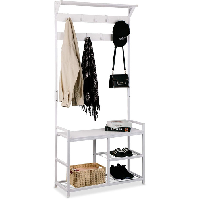 Leader Accessories Coat Rack with Bench Metal Coat Rack Rustic Clothes Rack 182x30x84cm (H x W x D) White