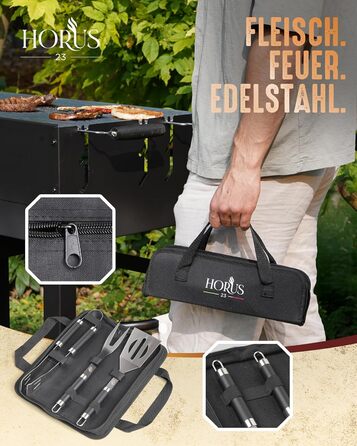 HORUS 23 Набір аксесуарів для гриля – 4 предметний набір: щипці, лопатка, виделка та термостійкий рукавичка
