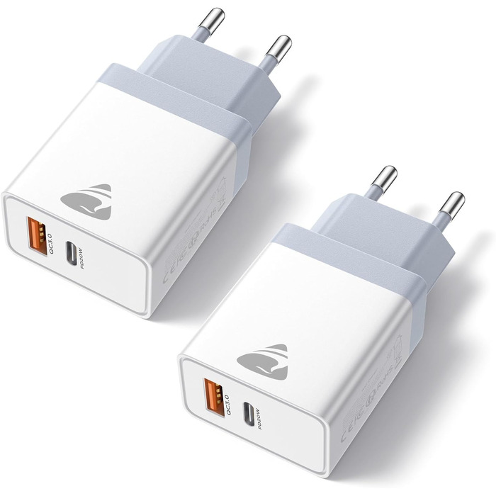 Подвійний зарядний пристрій USB-C 20W PD 3.0 з кабелем 2м, білий (2 шт.)