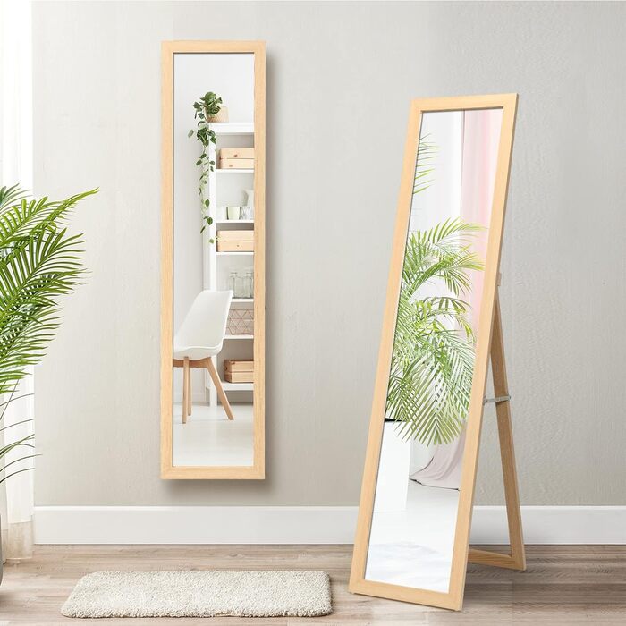RELAX4LIFE Full-Body Mirror 2 in 1, Standing Mirror & Wall Mirror, Country-Style Wardrobe Mirror, Mirror with Wooden Frame, Adjustable & Freestanding, for Bedroom & Living Room & Business (Natural)