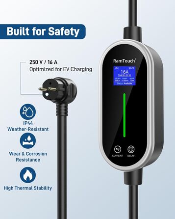 Кабель для зарядки електромобіля Type 2 Schuko 3.68 кВт, 15.5 м - Мобільна Wallbox з дисплеєм для всіх електрокарів та PHEV