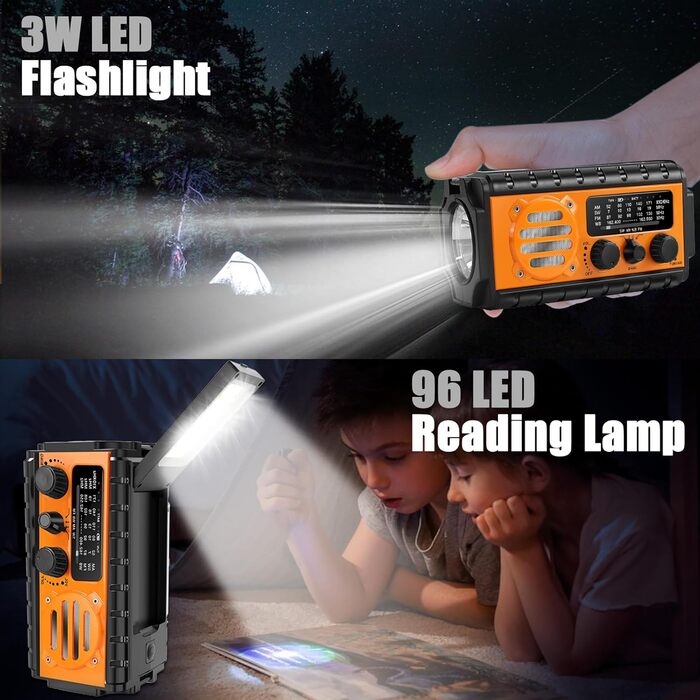 Радіо на ручному валу з сонячною панеллю, 20000 mAh Powerbank, AM/FM/SW/WB радіо погоди, 4 джерела живлення, ліхтарик, USB-C зарядний пристрій & SOS-сигнал, водонепроникне (IPX6) для відпочинку на природі, кемпінгу, будівельних майданчиків, помаранчеве