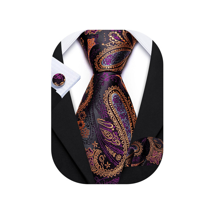Набір краваток Barry.Wang для чоловіків: візерунок пає, тканина - шовк, з чохлом, краваткові затискачі, формальний стиль (темно-фіолетовий, золотий)