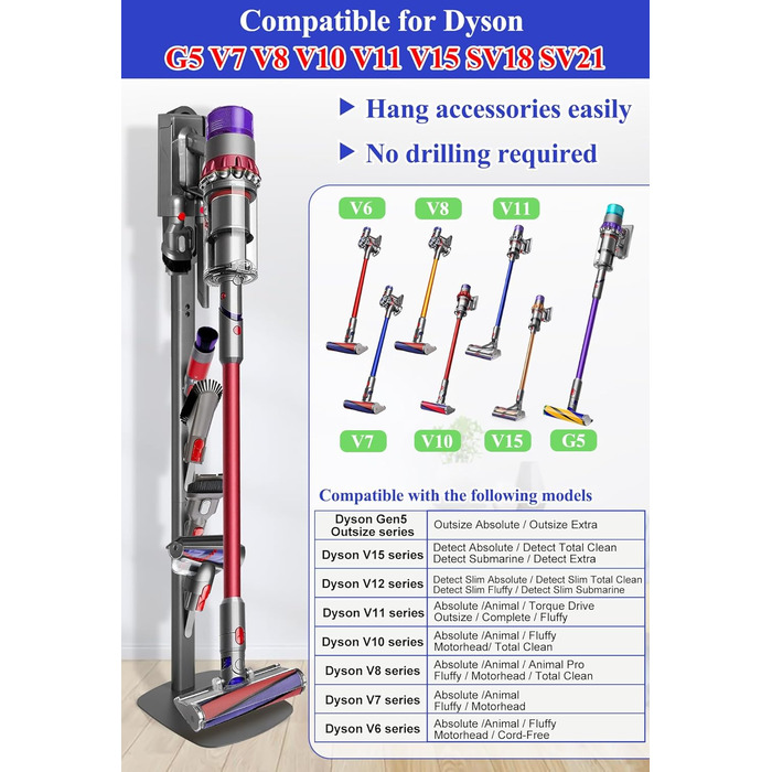 Підставка для пилососа Haturi для Dyson Gen5 V15 V12 Detect V11 V10 V8 V7 V6, металева стійка-дозатор, приховане кабельне кріплення, сірий