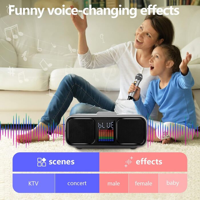 Караоке Машина з 2 Бездротовими Мікрофонами, Bluetooth Колонка з Сенсорним Екраном, LED-підсвічуванням та Підставкою для Телефону, Караоке Колонка для Дітей з USB/TF/AUX (Срібна)