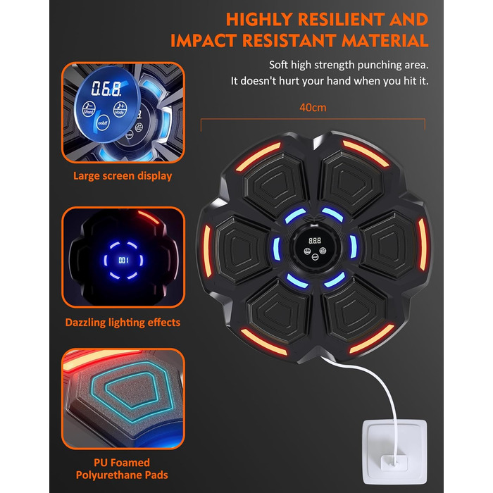 Музична боксерська машина для дорослих Snawowo - LED-підсвічування, Bluetooth, 9 режимів швидкості, з лічильником ударів та боксерськими рукавичками