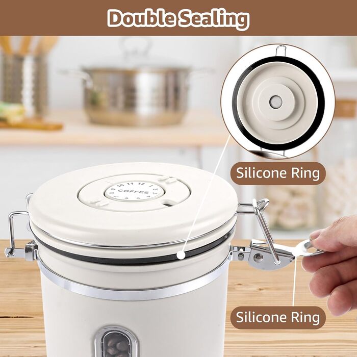 Контейнер для кави 1800 мл з прозорим вікном, з нержавіючої сталі, з ложкою, білий, для кавових зерен, чаю, горіхів, какао