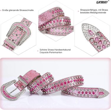 LEACOOLKEY Ремінь з стразами для чоловіків та жінок, блискучий вестерн кантрі ковбойський ремінь з ніти, для джинсів, штанів, суконь, розмір S (73-82 см), загальна довжина 105 см, колір G-рожевий (срібна пряжка)