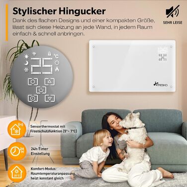 Конвектор TRESKO® 2000W з Wi-Fi, LED-дисплеєм та таймером | Електрична скляна панель опалення | Білий | 2000 Вт