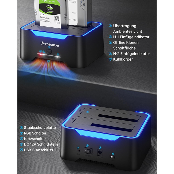 Док-станція для жорстких дисків POSUGEAR RGB USB 3.0 з підтримкою 2.5/3.5 SATA HDD/SSD, 2 відсіки, Offline Clone, UASP