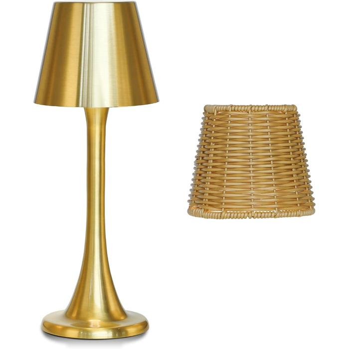 Зовнішня LED-лампа Mr. White: вологостійка, акумуляторна, з регулюванням яскравості, торкання, з абажуром з ротангу (золота)