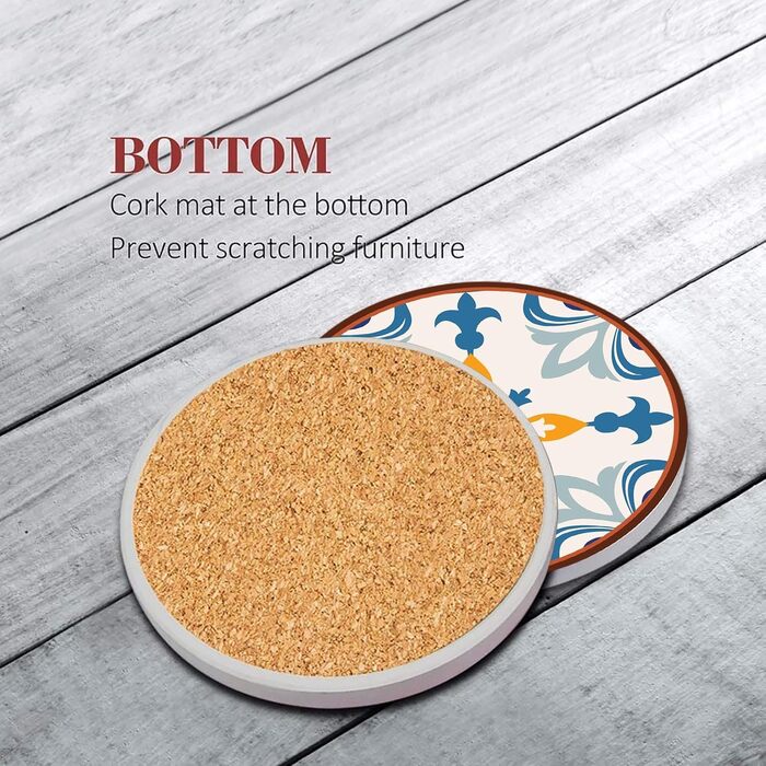 Drink Coasters 6-Piece Set, Geometric Tribal Boho Blue Red Absorbent Round Ceramic Stone Mat with Cork Bottom and Metal Holder, Housewarming Gift Bar Decor (Talavera Tile)