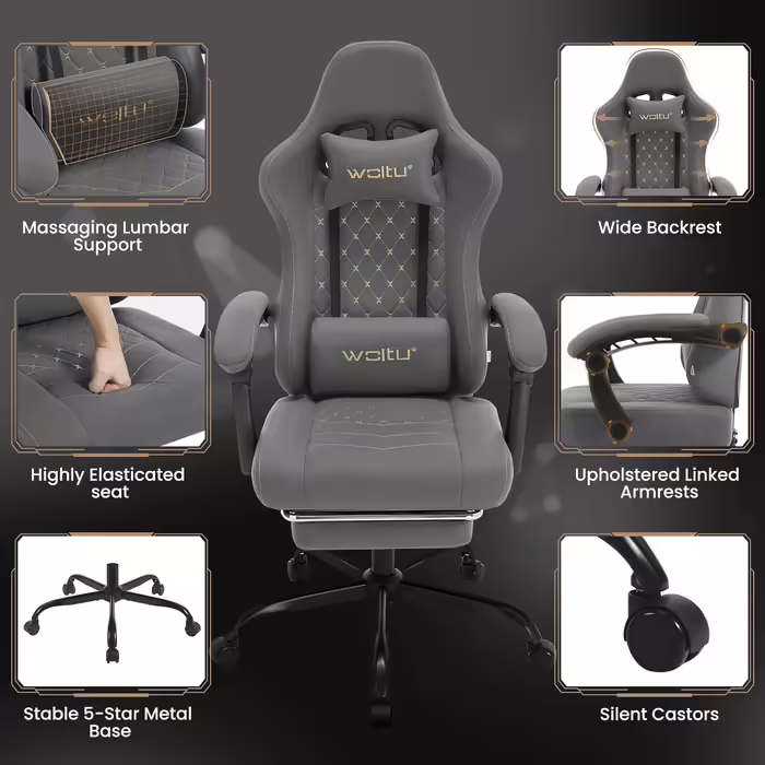 WOLTU Gaming Chair with Massage Function, Computer Chair with Pocket Spring Cushion, Ergonomic Gamer Recliner, Swivel Chair with Headrest, Lumbar Pillow, Footrest, 150 kg, Tech Fabric, Grey + Yellow, GS07gr Grey Tech Fabric