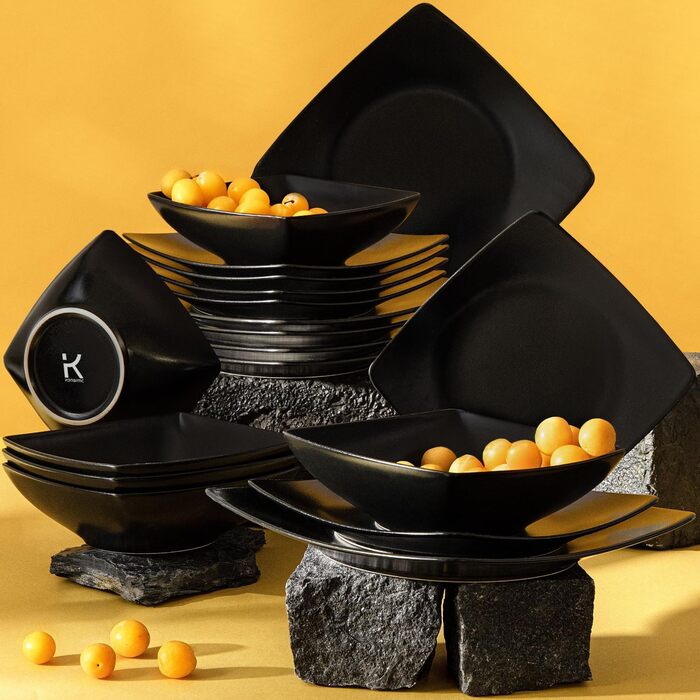 Набір посуду Konsimo для 6 осіб: 18-ти частинний набір тарілок EPIRI - сучасний сервіз з чорного матового фарфору для сім'ї