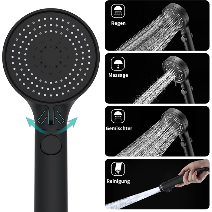 MIAOHUI Black Shower Head Water Pressure Booster, Handheld Shower with 3 Spray Patterns, Water-Saving High-Pressure Shower Head with Water Stop Function, Shower with Hose and Teflon Tape