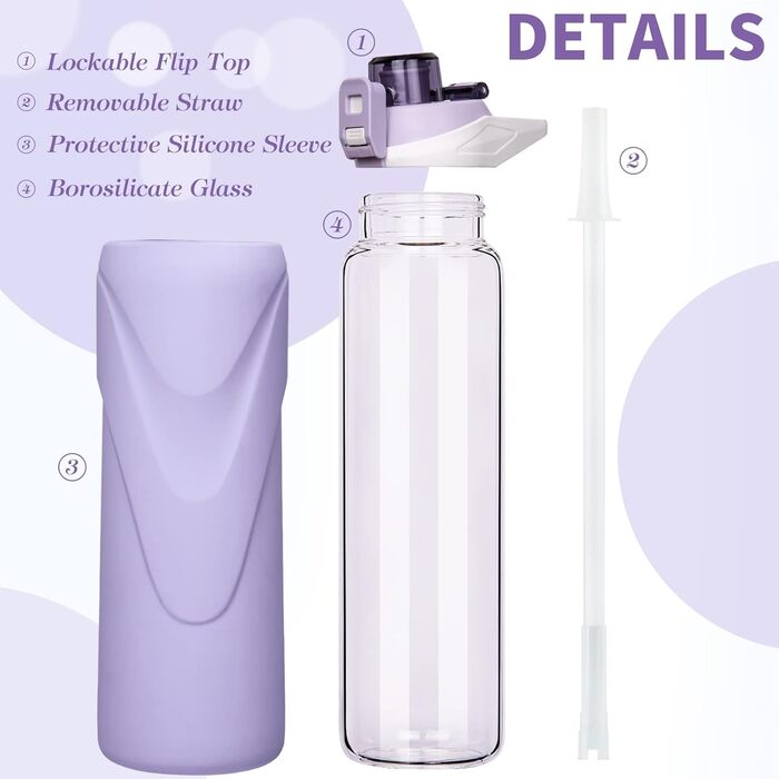 1 liter / 1l Drinking Bottle Glass with Straw BPA Free Glass Bottle with Silicone Sleeve Borosilicate Glass Water Bottle (Light Purple)