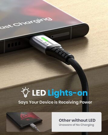 Кабель USB-C на USB-C, 3.1A, 0.3м, з LED-підсвіткою, нейлон, чорний - для iPhone, Samsung, Google Pixel