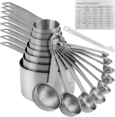 Measuring Cup and Spoon Set, 18/8 Stainless Steel - 8 Measuring Cups and 9 Measuring Spoons with Leveler and Measuring Equivalents, Kitchen and Baking Measuring Cups and Spoons 19-Piece Set