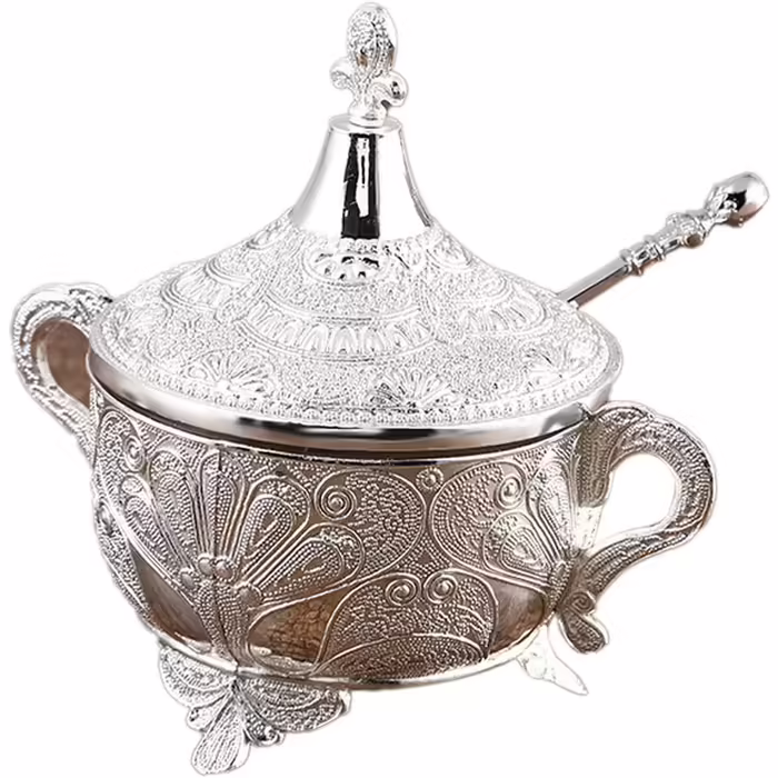 Candy jar, sugar bowl with lid and spoon, spice jar made of carved iron glass, metal spice pot - silver - 13x14.5cm