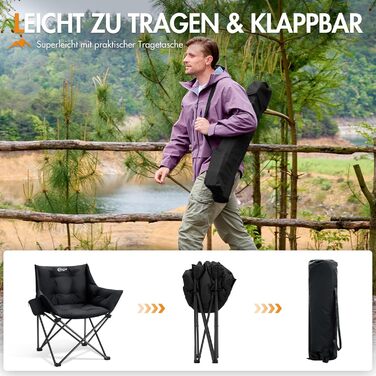 Крісло для кемпінгу складне, XXL, чорне, 150 кг, з підлокітниками, м'яке, для відпочинку на природі