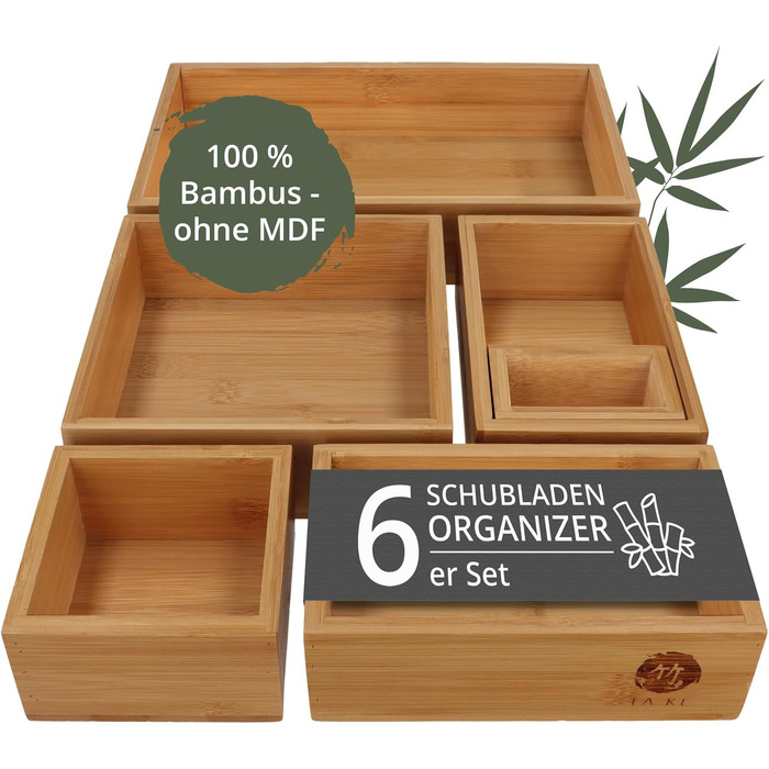 TAKE® 6-Piece Drawer Organizer Set made of 100% Natural Bamboo - Boxes in various sizes for Kitchen, Bathroom & Office, Vanity Organizer, Drawer Organizer