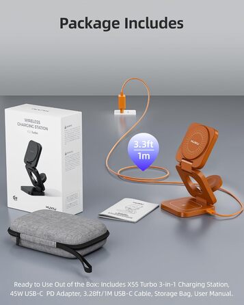 Зарядний пристрій KU XIU X55 Turbo Qi2.2 25W Magsafe 3-в-1: для Apple Watch, iPhone 17-12 та AirPods, помаранчевий