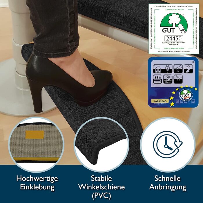 Beautissu Non-Slip Stair Treads - 55x15 cm - 15 Pack - Self-Adhesive Indoor Stair Mats - Anthracite Grey - ProStair for Narrow Stairs