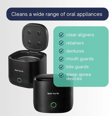 Ультразвуковий очищувач для елайнерів, ретейнерів та протезів з таблетками Boostab - портативний бездротовий пристрій для Invisalign, капп, захисних кап та зубних апаратів (чорний)