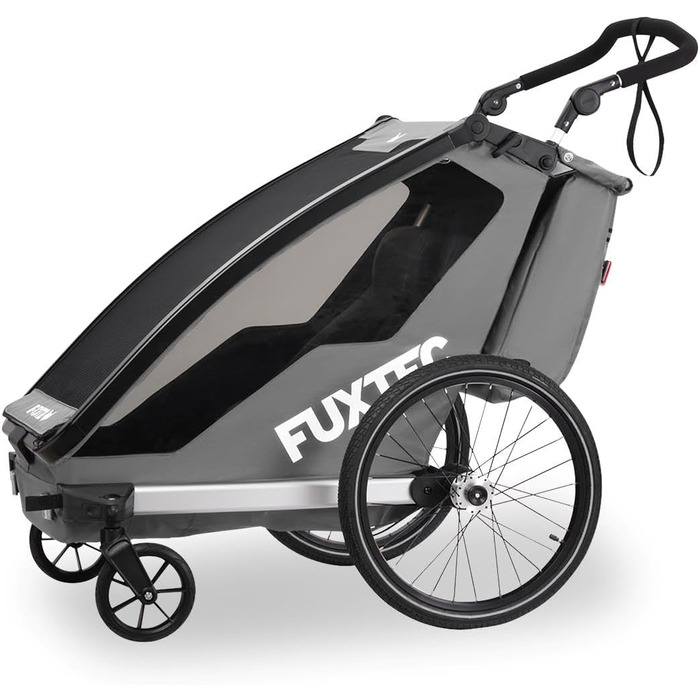 Причіп для велосипеда Fuxtec Sportfux на 2 місця, з багажником, відбивачами, ручкою-штовхачем, захистом від дощу та сонця, складний, фіолетовий FX-FA1 (сірий)