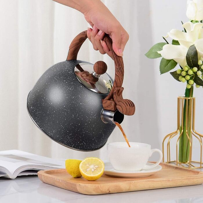 Чайник VONIKI з нержавіючої сталі 2,5 л з свистком для плити, з дерев'яною ручкою, сірий, для приготування чаю та як подарунок