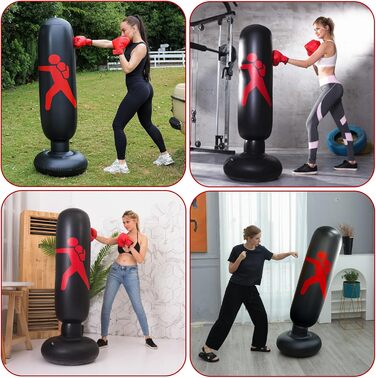 Надувний боксерський мішок для дітей 160 см, рукавиці та насос - для занять боксом, карате в приміщенні та на вулиці, чорний