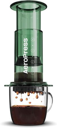 AeroPress Clear Coffee Press – 3-in-1 Coffee Maker combines French Press, Pour Over & Espresso – Full-bodied Coffee without Bitterness – Portable Mini Coffee Maker for Travel, Transparent (Standard, Green)