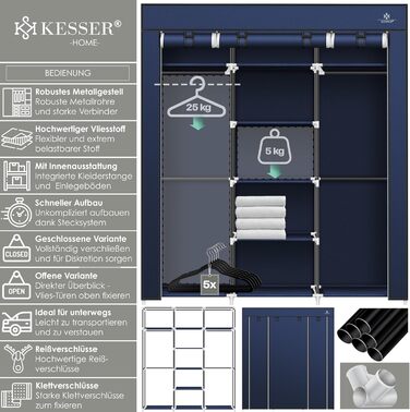 KESSER® Wardrobe Clothes Closet Stable with Clothes Rail & Shelves, Incl. 5x Clothes Hangers, Fabric Folding Closet for Bedroom, Dressing Room Wardrobe with Clothes Rack 150x45x175cm Navy Blue