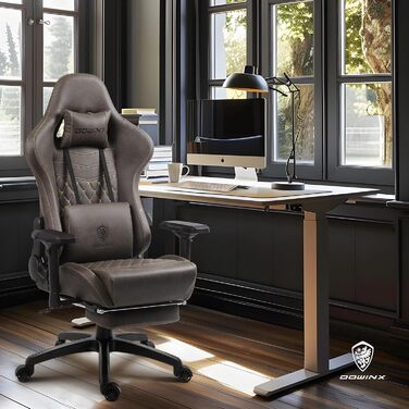 Ігровий крісло Dowinx з PU шкіри, масажна поперекова підтримка та підніжка, регулювання 90°-170°, до 200 кг, для дому та геймінгу (колір: коричневий, 4D)