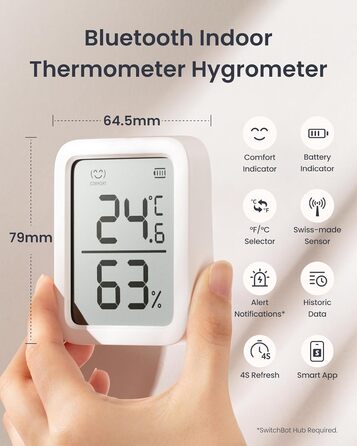 SwitchBot Indoor Thermometer Hygrometer 3-Pack, Indoor Temperature and Humidity Sensor with Smart Alert and 68-Day Data Storage, Bluetooth Room Thermometer for Baby, Home, Garage