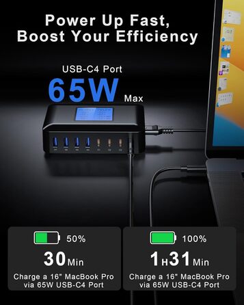 Зарядний пристрій RENGOGA 200W USB-C GaN 8 портів з LED дисплеєм для MacBook, iPad, iPhone, Samsung Galaxy - чорний