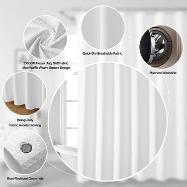 Драпіруваний душовий завіс, білий, вафельний візерунок, тканинний, міцний, готельна якість, 183x244 см