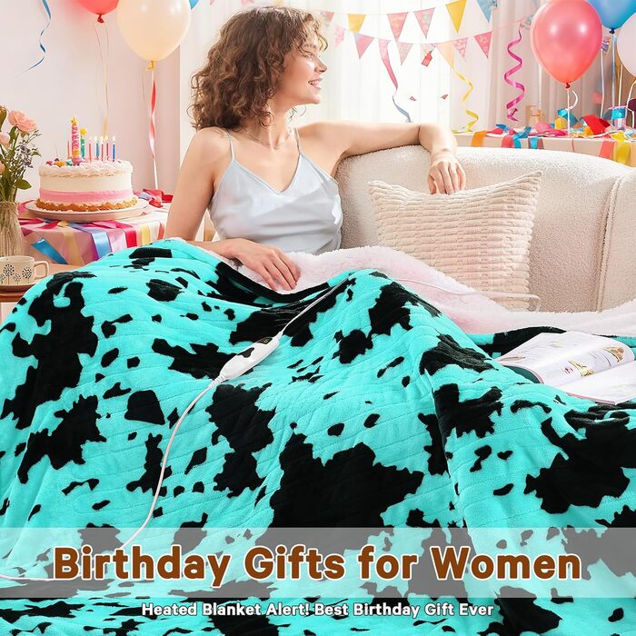 Електрична гріюча ковдра з принтом корів, подвійний розмір, 157 x 213 см, фіолетовий колір, 10 температурних режимів, автоматичне вимкнення через 8 годин, флісова/шерпа ковдра, тепла, подарунок для жінок, розмір 62'x84'