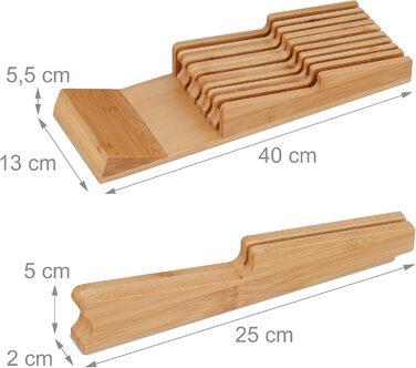 Relaxdays Knife Block Drawer, for 9 Knives & Honing Steel, Bamboo Knife Block Lying, HxWxD: 5.5 x 13 x 40 cm, natural