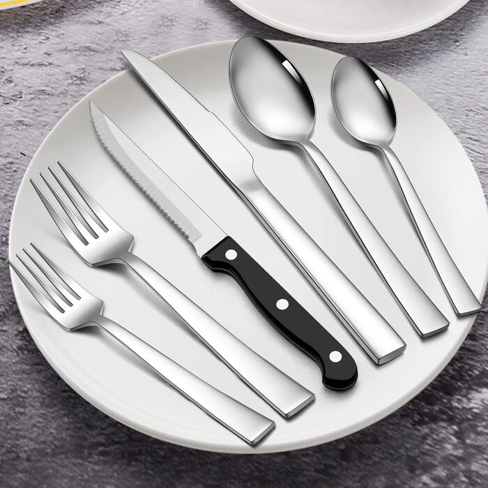 Набір столових приборів Herogo 36-piece (36 шт.) для 6 осіб: набір столових приборів з нержавіючої сталі з ножами для стейку, виделки, ложки для дому, ресторану, безпечний для миття в посудомийній машині (квадратний)