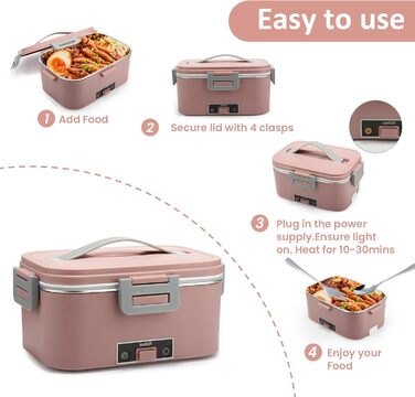 BYbrutek Electric Lunch Box 100W, 3-in-1 Portable Heated Lunch Box, 1.8L Stainless Steel Removable Food Container, 12V/24V/220V Insulated Food Warmer Box for Car/Truck/Office (Pink, 1.8 L)