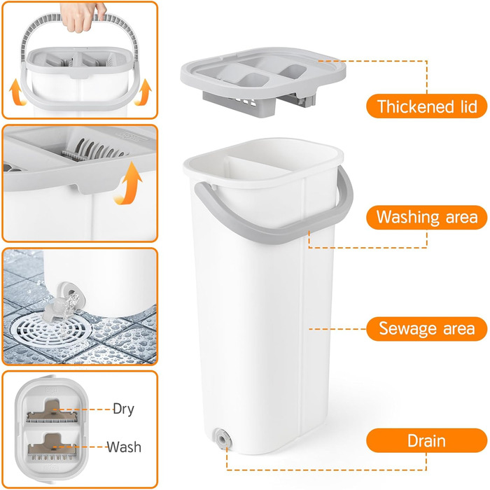 Набір для миття підлоги з відром GIOVARA: моп з відром, система віджиму, мікрофібра, 6 насадок, для всіх типів підлоги, білий